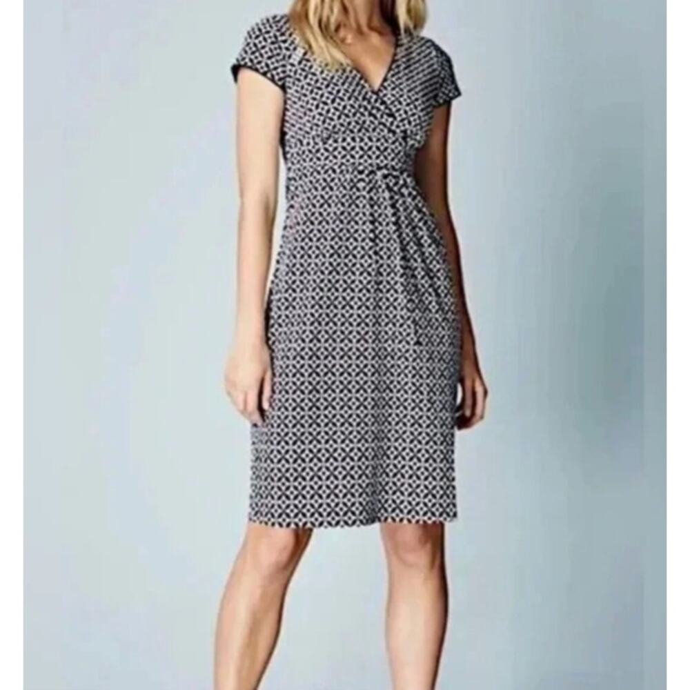 Boden Short Sleeve Cotton Sheath Dress Womens 4R Blue Geometric Print V Neck